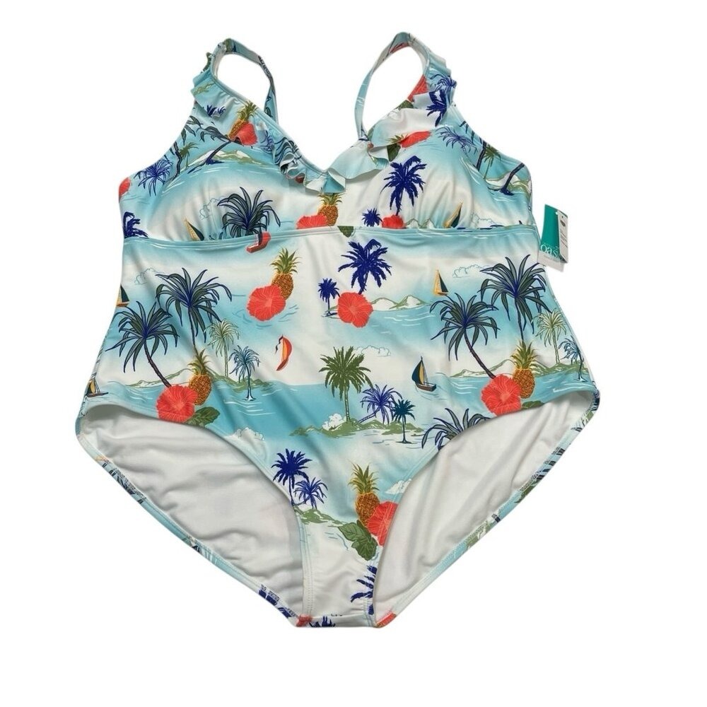 Outdoor Oasis Swimsuit Womens 2X Tropical Island Printβ 1 Piece Vacation Beach